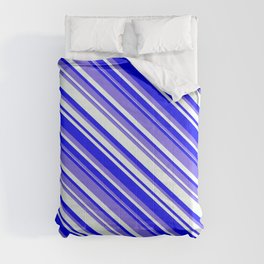 [ Thumbnail: Medium Slate Blue, Mint Cream, and Blue Colored Lines Pattern Comforter ]