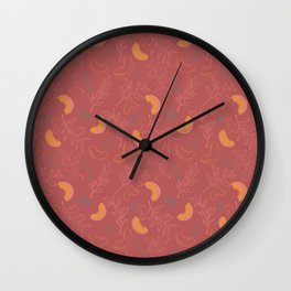 Corallo Peaches and leafs on a coral background  Wall Clock