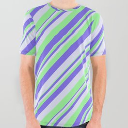 [ Thumbnail: Green, Medium Slate Blue, and Lavender Colored Lines Pattern All Over Graphic Tee ]