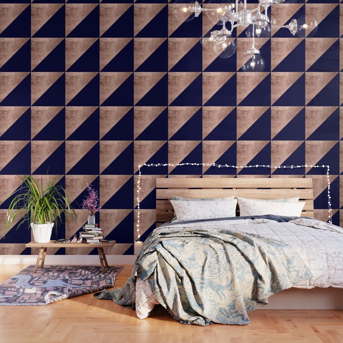 Minimalist Rose Gold Navy Blue Color Block Geometric Wallpaper By