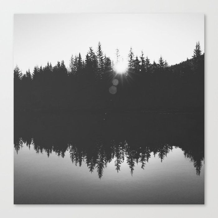 Wooded Lake Reflection Black and White Canvas Print