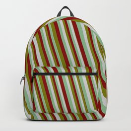 [ Thumbnail: Green, Light Gray, Dark Sea Green & Dark Red Colored Lines Pattern Backpack ]