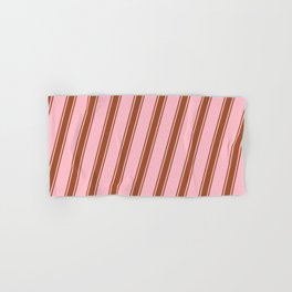[ Thumbnail: Pink and Sienna Colored Pattern of Stripes Hand & Bath Towel ]
