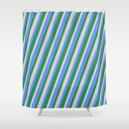 [ Thumbnail: Cornflower Blue, Sea Green, and Light Grey Colored Lines/Stripes Pattern Shower Curtain ]