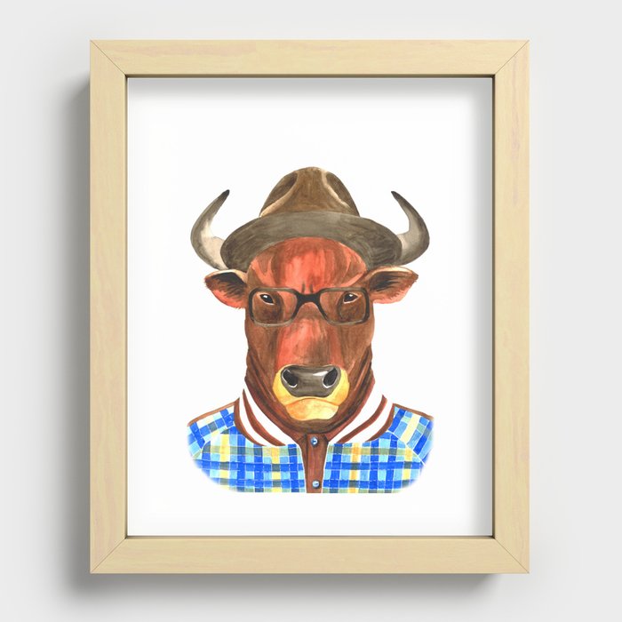 Bull with glasses and a hat  Recessed Framed Print