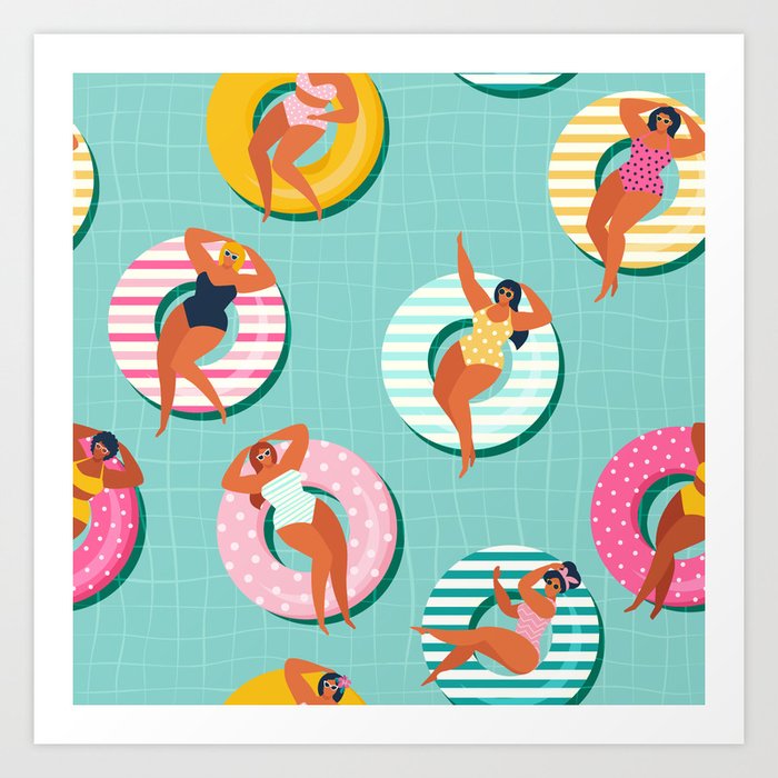 Summer gils on inflatable in swimming pool floats. Art Print