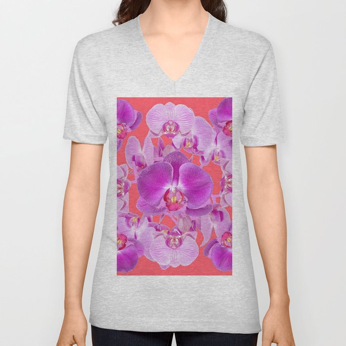 Pink & Purple Orchids Coral Colored Art Patterns V Neck T Shirt