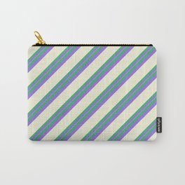 [ Thumbnail: Sea Green, Purple & Beige Colored Stripes/Lines Pattern Carry-All Pouch ]
