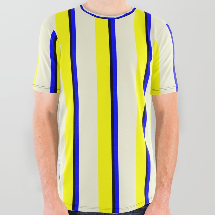 Yellow, Beige, Blue, and Black Colored Lines Pattern All Over Graphic Tee