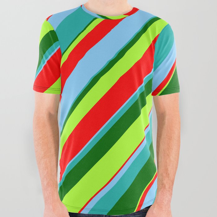 Eye-catching Light Sea Green, Dark Green, Light Green, Red & Light Sky Blue Colored Stripes Pattern All Over Graphic Tee