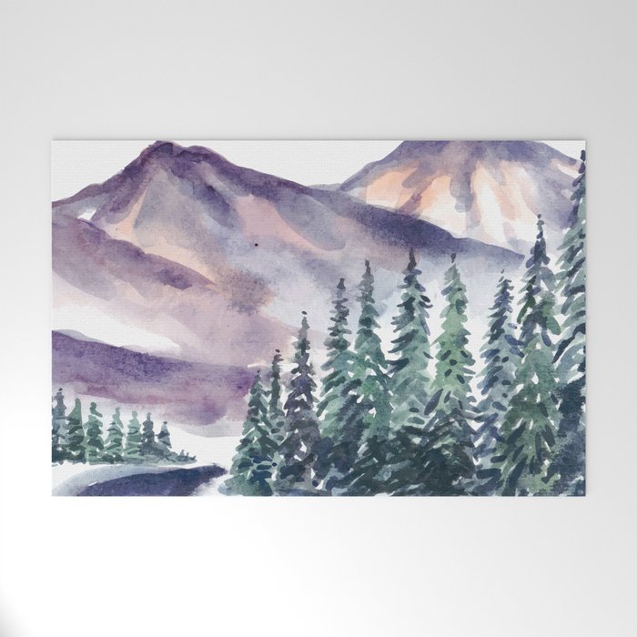 Winter Landscape With Mountain And Pine Trees Watercolor Welcome Mat