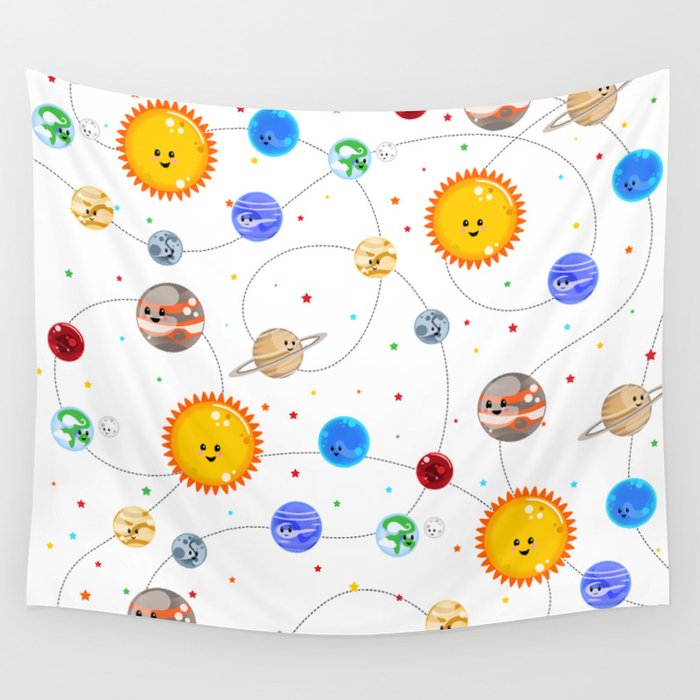 Kawaii Solar System Pattern Wall Tapestry