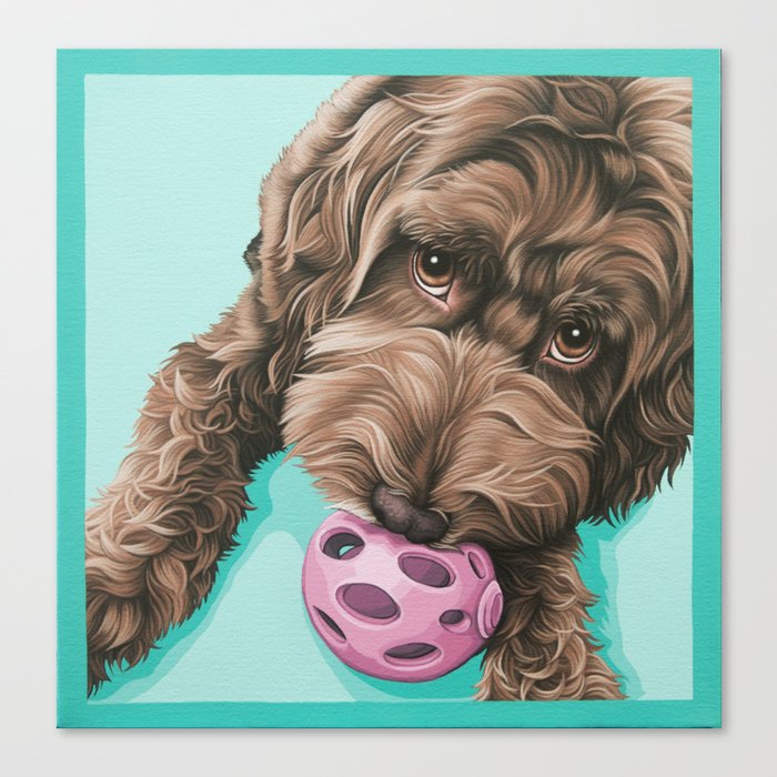 Labradoodle Dog with a Ball Art, Cute Puppy with Toy, Labradoodle Portrait Canvas Print