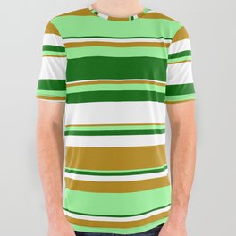 [ Thumbnail: Dark Goldenrod, Green, Dark Green, and White Colored Stripes Pattern All Over Graphic Tee ]