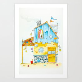 Blue Beach House Art Print | Painting, Beachhut, House, Vacation, Watercolour, Watercolor, Beach, Ink 