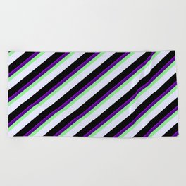 [ Thumbnail: Eyecatching Dark Violet, Indigo, Light Green, Lavender & Black Colored Stripes Pattern Beach Towel ]