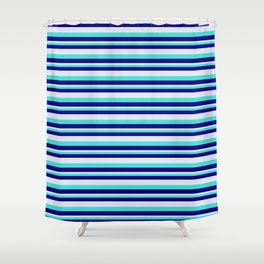 [ Thumbnail: Turquoise, Blue, and Lavender Colored Lined Pattern Shower Curtain ]