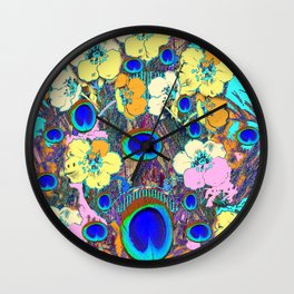 Modern Art Nouveau Peacock Jeweled Floral Blue Patterns Wall Clock | Realism, Flowers, Acrylic, Pattern, Abstract, Aqua, Turquoise, Digital, Yellow, Peacockart 