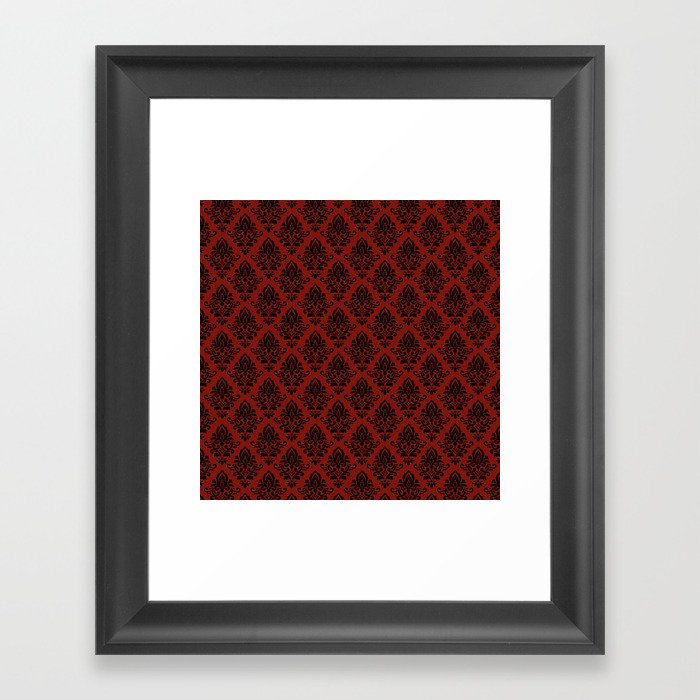 Black damask pattern Red Framed Art Print