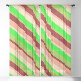 [ Thumbnail: Vibrant Light Salmon, Beige, Lime, Green & Dark Red Colored Stripes/Lines Pattern Sheer Curtain ]
