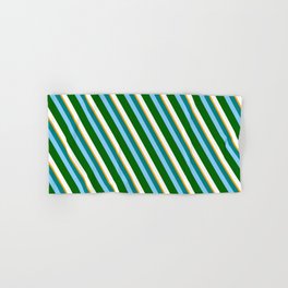 [ Thumbnail: Vibrant Teal, Light Sky Blue, Dark Green, White, and Orange Colored Pattern of Stripes Hand & Bath Towel ]