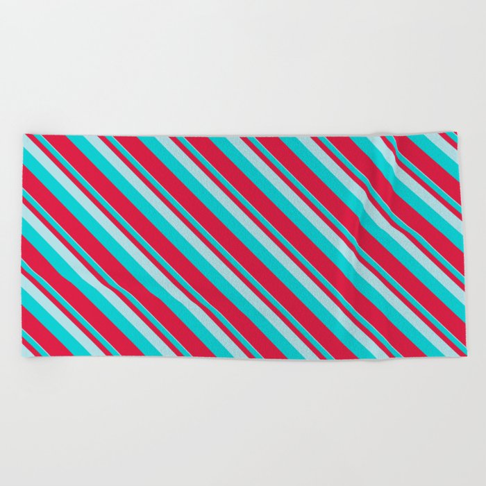 Powder Blue, Dark Turquoise, and Crimson Colored Lined Pattern Beach Towel