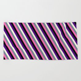 [ Thumbnail: Vibrant Indigo, Beige, Slate Gray, Hot Pink, and Black Colored Striped/Lined Pattern Beach Towel ]