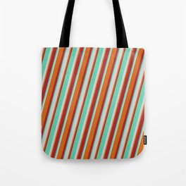 [ Thumbnail: Aquamarine, Light Grey, Chocolate & Brown Colored Striped/Lined Pattern Tote Bag ]