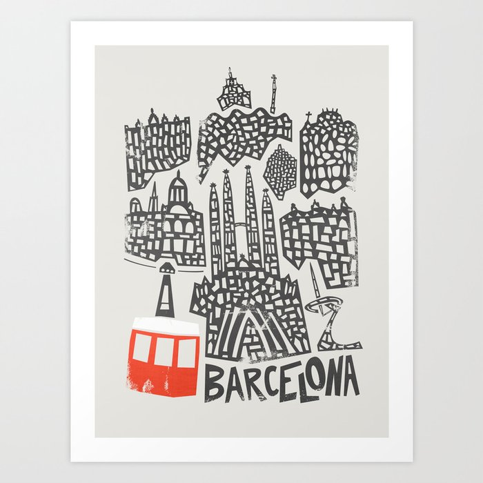 Barcelona Cityscape Kunstdrucke | Graphic-design, Digital, Illustration, Abstrakt, Barcelona, Pop-art, Cityscape, City-print, Cable-car, Red