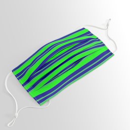 [ Thumbnail: Dark Blue, Sea Green & Lime Colored Lined/Striped Pattern Face Mask ]
