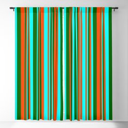 [ Thumbnail: Red, Cyan, and Dark Green Colored Lined/Striped Pattern Blackout Curtain ]