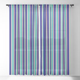 [ Thumbnail: Light Coral, Blue, Tan & Light Sea Green Colored Stripes/Lines Pattern Sheer Curtain ]