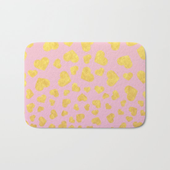 Golden hearts falling from heaven- Gold glitter heart on pink Bath Mat