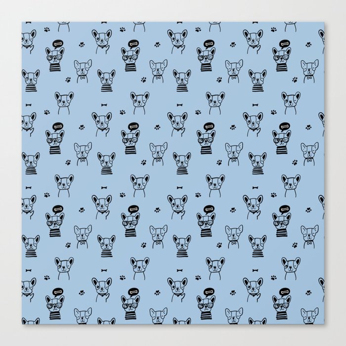 Pale Blue and Black Hand Drawn Dog Puppy Pattern Canvas Print