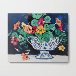 Nasturtium Bouquet in Chinoiserie Bowl on Dark Blue Floral Still Life Painting Metal Print