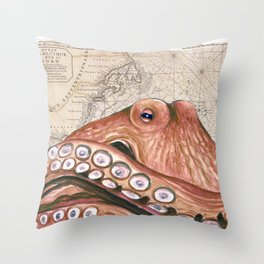 Octopus Rusty red Vintage Map Beige Nautical Throw Pillow