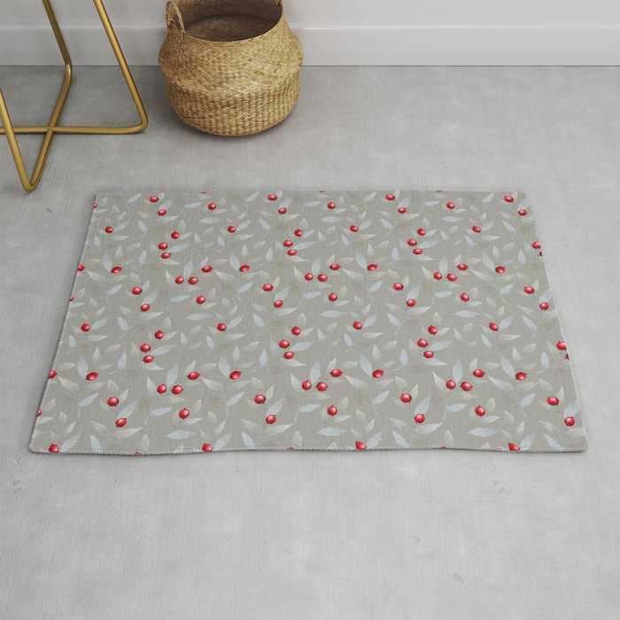 Red berries and grey silver small foliage leaves pattern Rug