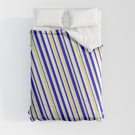 [ Thumbnail: Blue, Tan & Mint Cream Colored Lined Pattern Comforter ]