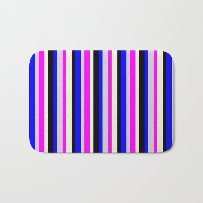 Colorful Light Grey, Blue, Black, Beige, and Fuchsia Colored Stripes Pattern Bath Mat
