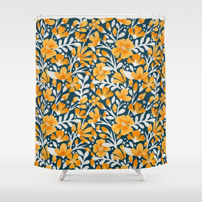 Blossom Pattern – Ochre & Teal Shower Curtain