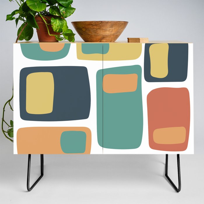 Mid Century Funky Squares and in Teal, Charcoal, Orange and Yellow Credenza