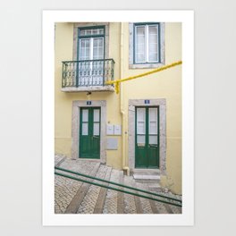 Two green doors in Lisbon, Portugal - green and yellow mediterranean street and travel photography Art Print