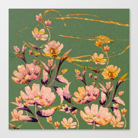 glittering pink flowers on green Canvas Print