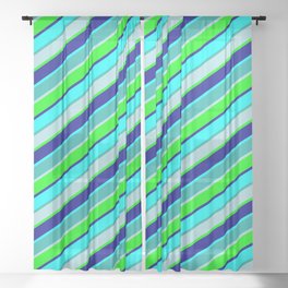 [ Thumbnail: Light Sea Green, Powder Blue, Lime, Dark Blue, and Aqua Colored Lines Pattern Sheer Curtain ]