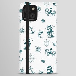 Teal Blue Silhouettes Of Vintage Nautical Pattern iPhone Wallet Case