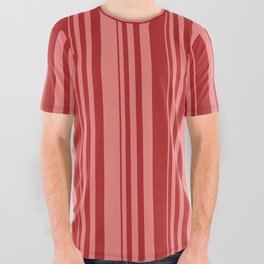 [ Thumbnail: Red and Light Coral Colored Striped/Lined Pattern All Over Graphic Tee ]