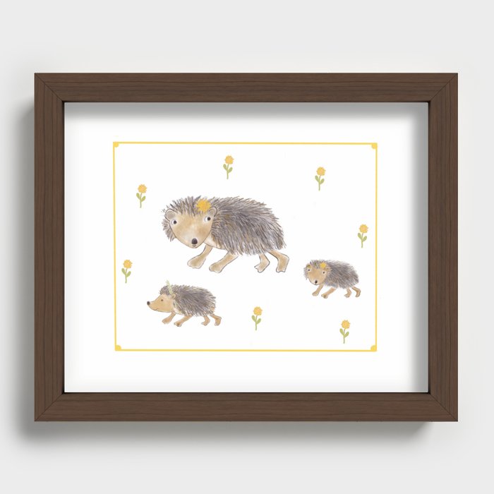 Hedgehog Mom with her Kids Recessed Framed Print