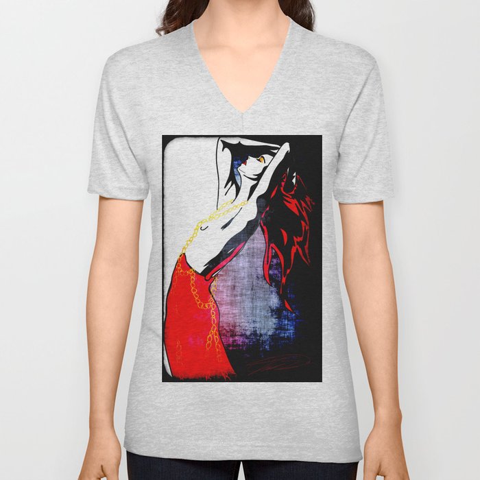 Lady In Red V Neck T Shirt