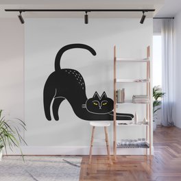 Creepy black cat stretching cartoon illustration Wall Mural
