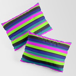 [ Thumbnail: Chartreuse, Black, Blue, Teal & Magenta Stripes/Lines Pattern Pillow Sham ]